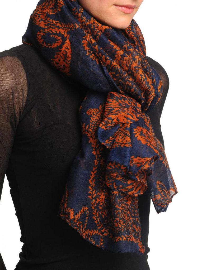 Liss Kiss Rust Fern Leaves On Dark Blue Unisex Scarf & Beach Sarong - Scarf