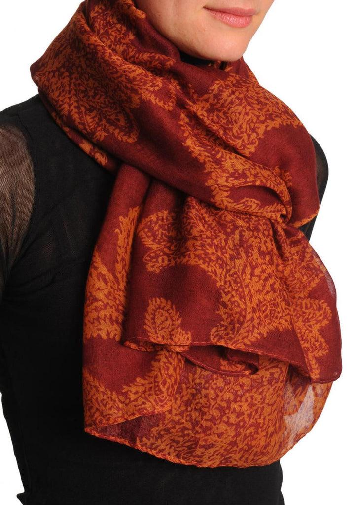 Liss Kiss Rust Fern Leaves On Dark Burgundy Red Unisex Scarf & Beach Sarong - Scarf