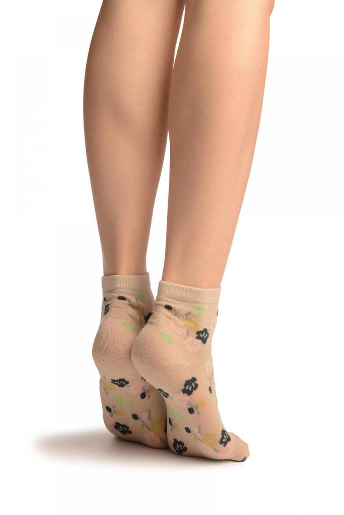 Liss Kiss Sakura Flowers On Grey Japanese Ankle High Socks - Socks