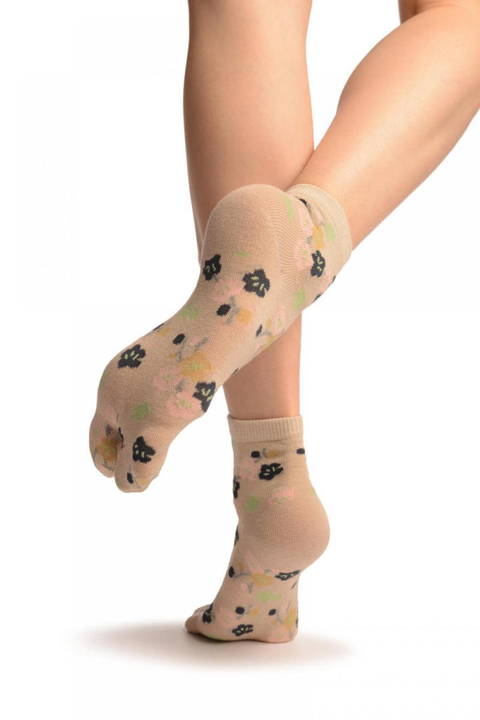 Liss Kiss Sakura Flowers On Grey Japanese Ankle High Socks - Socks