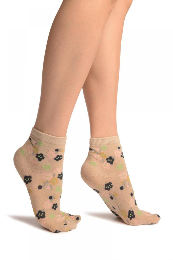 Liss Kiss Sakura Flowers On Grey Japanese Ankle High Socks - Socks