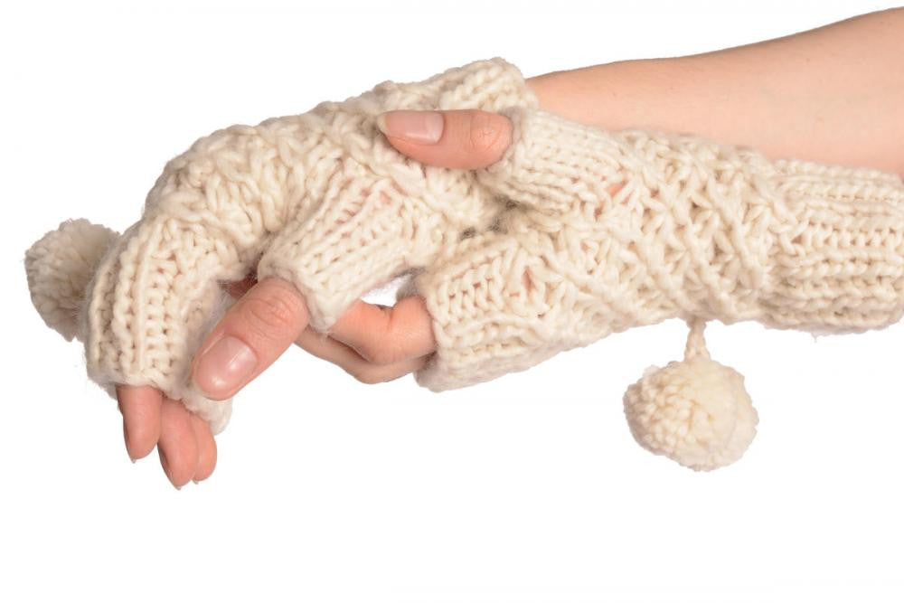 Liss Kiss Sand White Knitted Fingerless Mittens With Pompons - Mittens