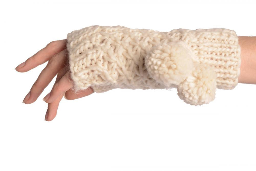 Liss Kiss Sand White Knitted Fingerless Mittens With Pompons - Mittens