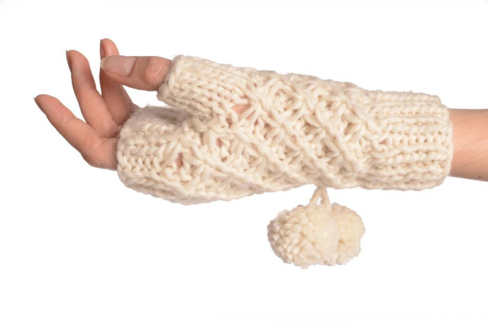 Liss Kiss Sand White Knitted Fingerless Mittens With Pompons - Mittens
