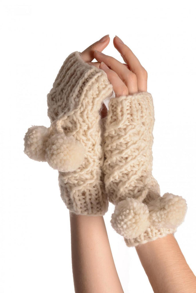 liss kiss Sand White Knitted Fingerless Mittens With Pompons - Mittens
