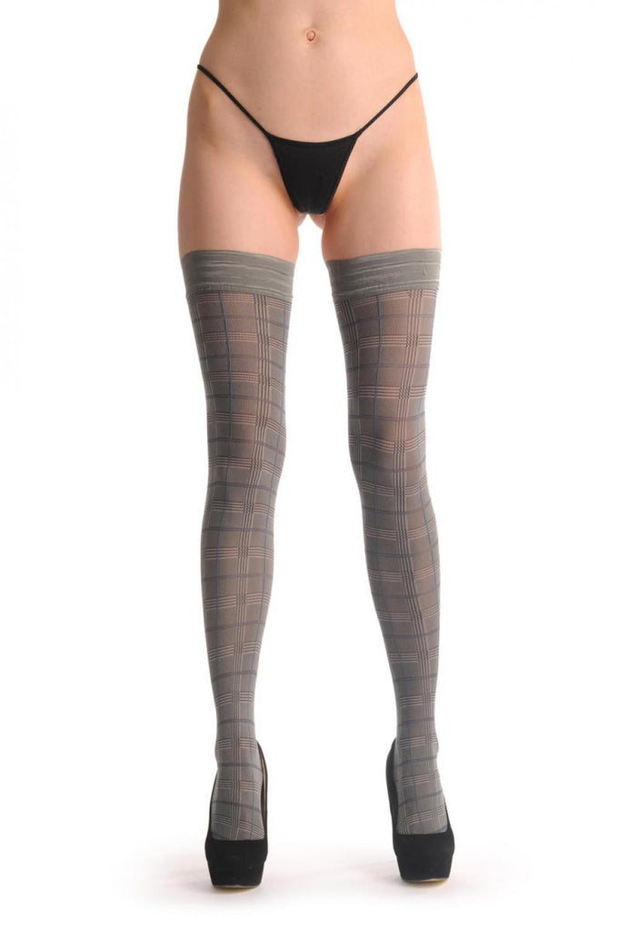 Liss Kiss Scottish Checkered Grey With Grey Striped Silicon Garter 40 Den - Hold Ups