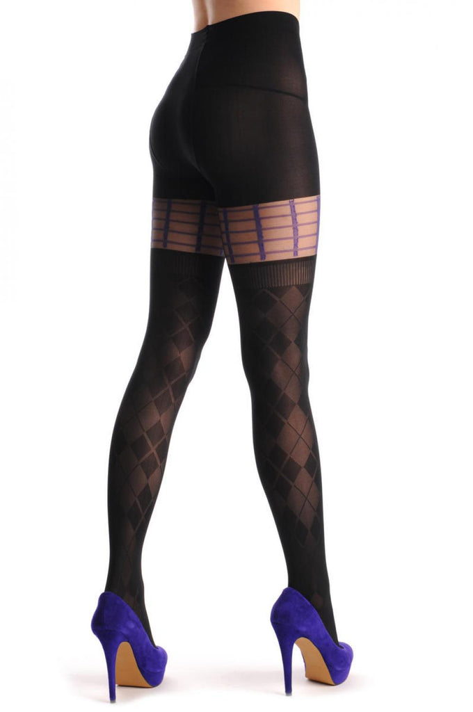 Liss Kiss Semi Transparent Rombs & Purple Checked Garter - Tights