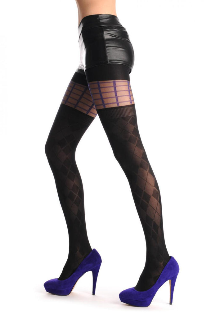 Liss Kiss Semi Transparent Rombs & Purple Checked Garter - Tights