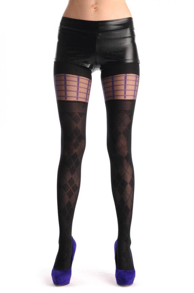 liss kiss Semi Transparent Rombs & Purple Checked Garter - Tights