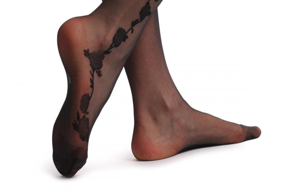 Liss Kiss Side Seam With Black Roses And Black & White Floral Silicon Garter - Hold Ups