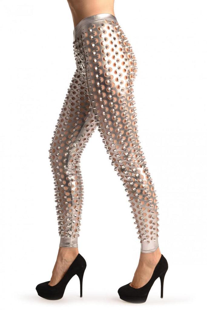 Liss Kiss Silver 3D Cut Through Faux Leather Spikes - Leggings