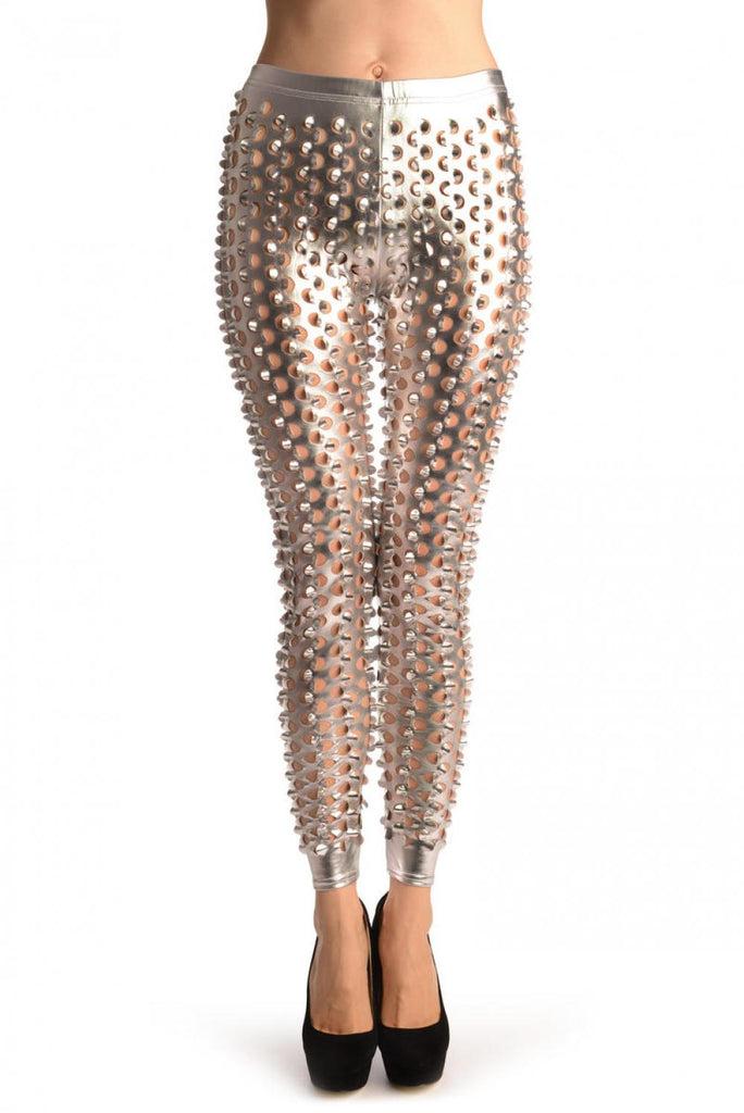 Liss Kiss Silver 3D Cut Through Faux Leather Spikes - Leggings