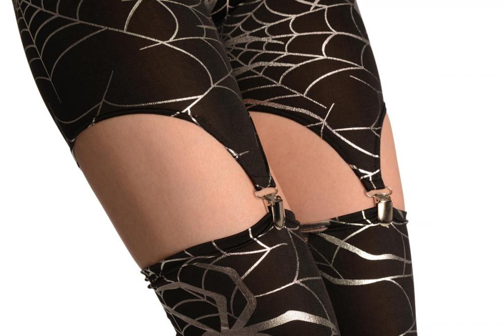 Liss Kiss Silver Cobweb On Black Suspender Clip On Leggings (Halloween) - Leggings