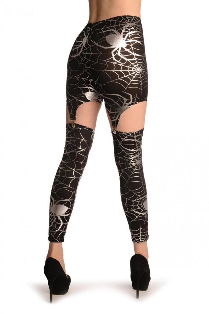 Liss Kiss Silver Cobweb On Black Suspender Clip On Leggings (Halloween) - Leggings