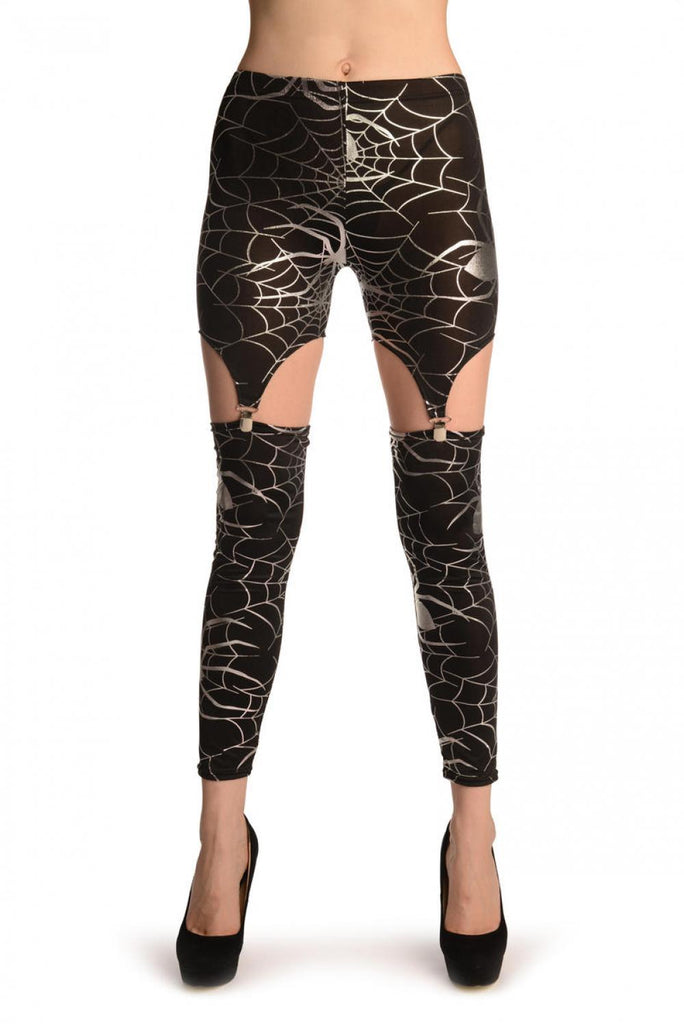 liss kiss Silver Cobweb On Black Suspender Clip On Leggings (Halloween) - Leggings