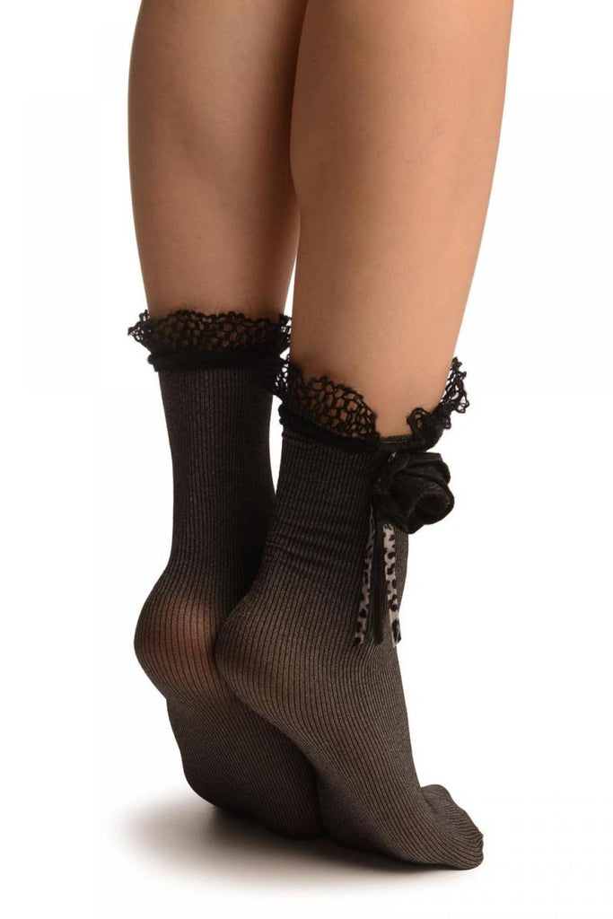Liss Kiss Silver Grey & Black Stripes With Wool Lace & Rose Brooch - Socks