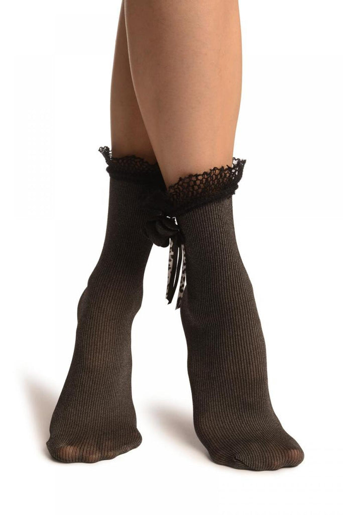 Liss Kiss Silver Grey & Black Stripes With Wool Lace & Rose Brooch - Socks