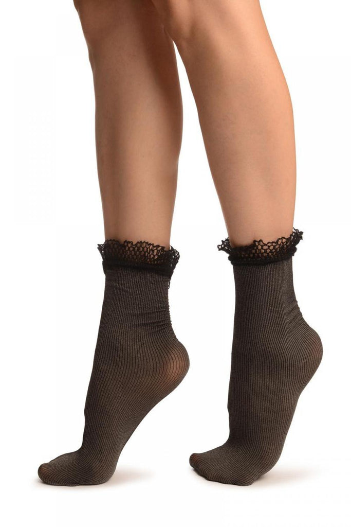 Liss Kiss Silver Grey & Black Stripes With Wool Lace & Rose Brooch - Socks
