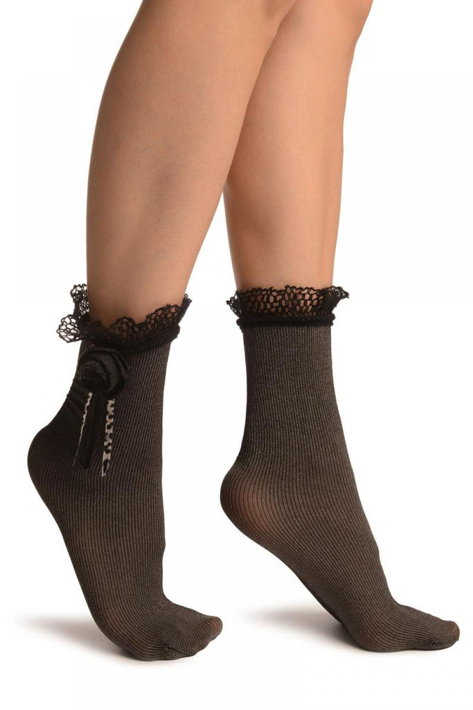 liss kiss Silver Grey & Black Stripes With Wool Lace & Rose Brooch - Socks