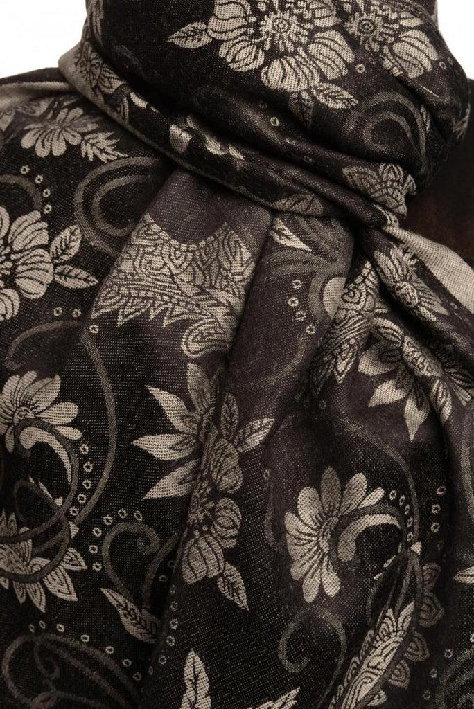 Liss Kiss Silver Grey Garden Flowers On Black Pashmina With Tassels - Scarf