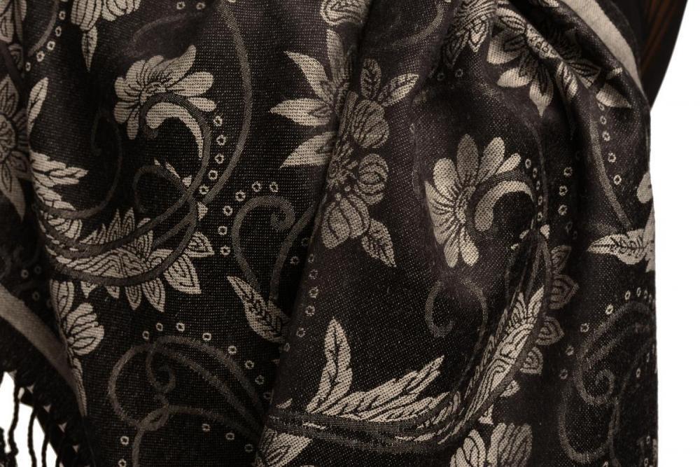 Liss Kiss Silver Grey Garden Flowers On Black Pashmina With Tassels - Scarf