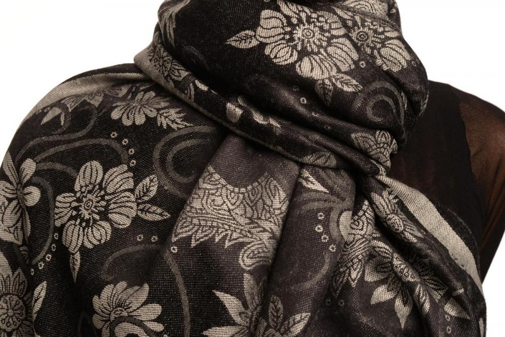 Liss Kiss Silver Grey Garden Flowers On Black Pashmina With Tassels - Scarf