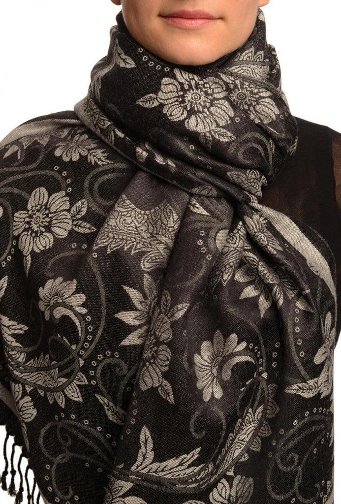 liss kiss Silver Grey Garden Flowers On Black Pashmina With Tassels - Scarf
