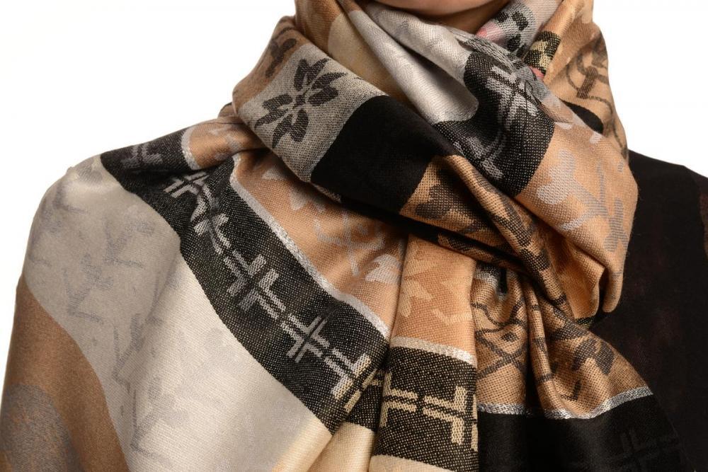 Liss Kiss Silver Lurex & Elephants On Beige Pashmina With Tassels - Scarf