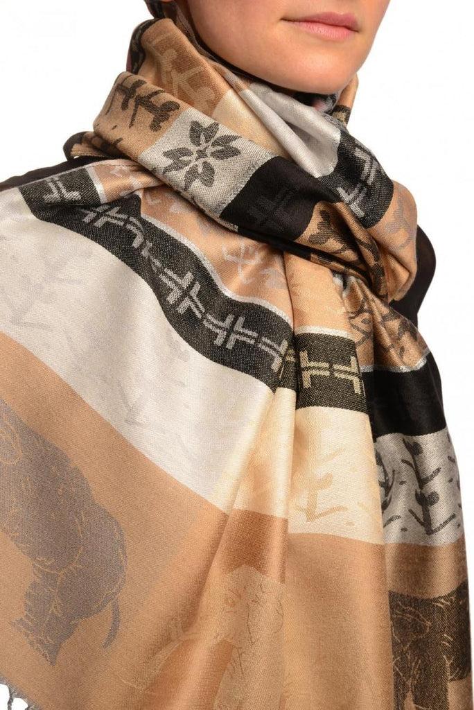 Liss Kiss Silver Lurex & Elephants On Beige Pashmina With Tassels - Scarf