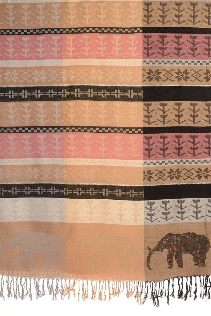 Liss Kiss Silver Lurex & Elephants On Beige Pashmina With Tassels - Scarf