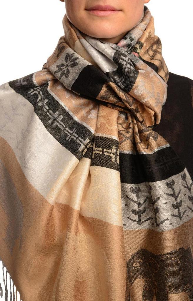 liss kiss Silver Lurex & Elephants On Beige Pashmina With Tassels - Scarf