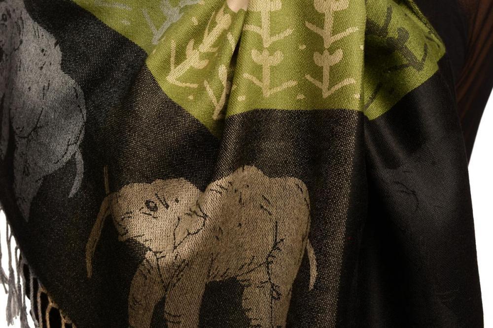 Liss Kiss Silver Lurex & Elephants On Black Pashmina With Tassels - Scarf