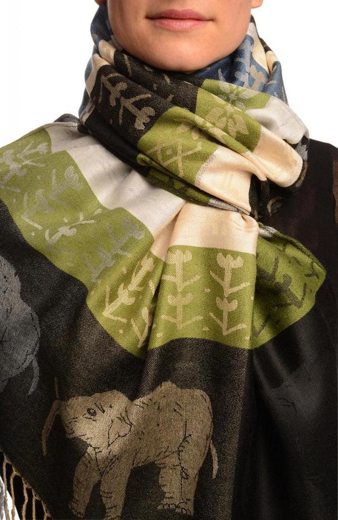 liss kiss Silver Lurex & Elephants On Black Pashmina With Tassels - Scarf
