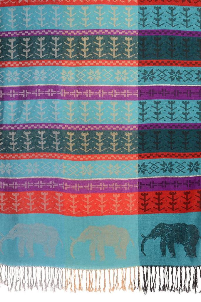 Liss Kiss Silver Lurex & Elephants On Blue Pashmina With Tassels - Scarf