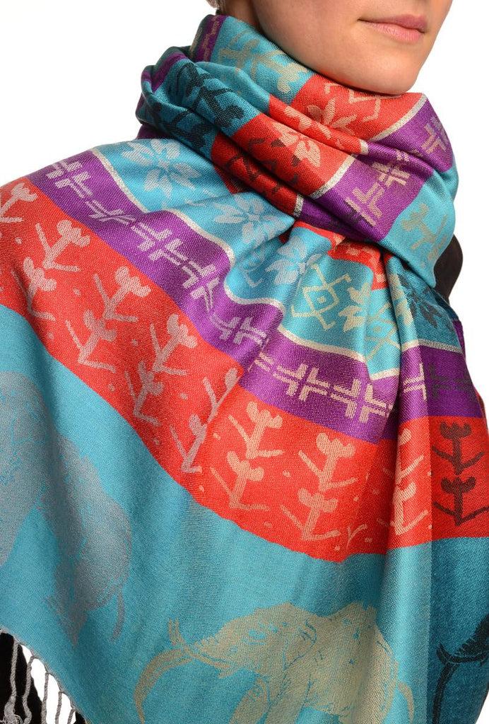 Liss Kiss Silver Lurex & Elephants On Blue Pashmina With Tassels - Scarf