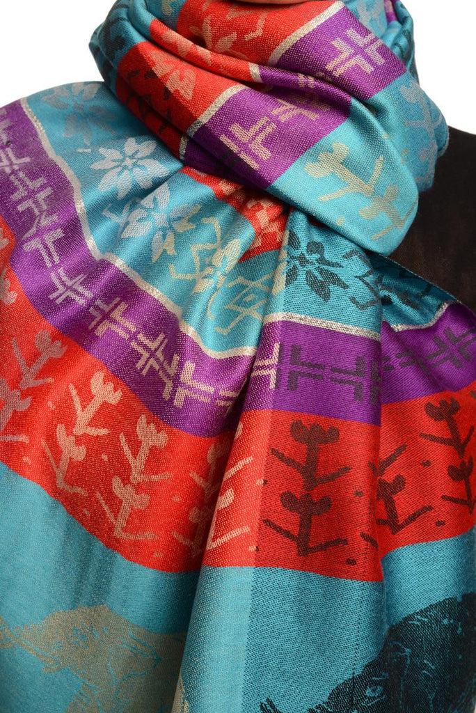 Liss Kiss Silver Lurex & Elephants On Blue Pashmina With Tassels - Scarf