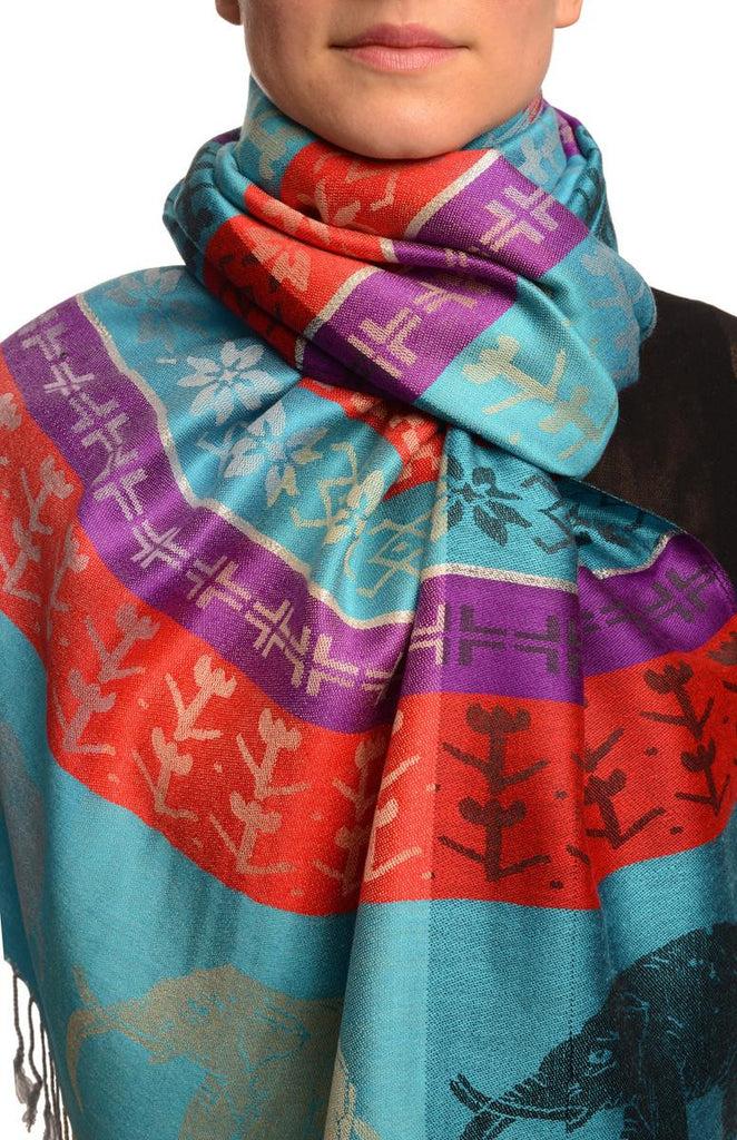 liss kiss Silver Lurex & Elephants On Blue Pashmina With Tassels - Scarf