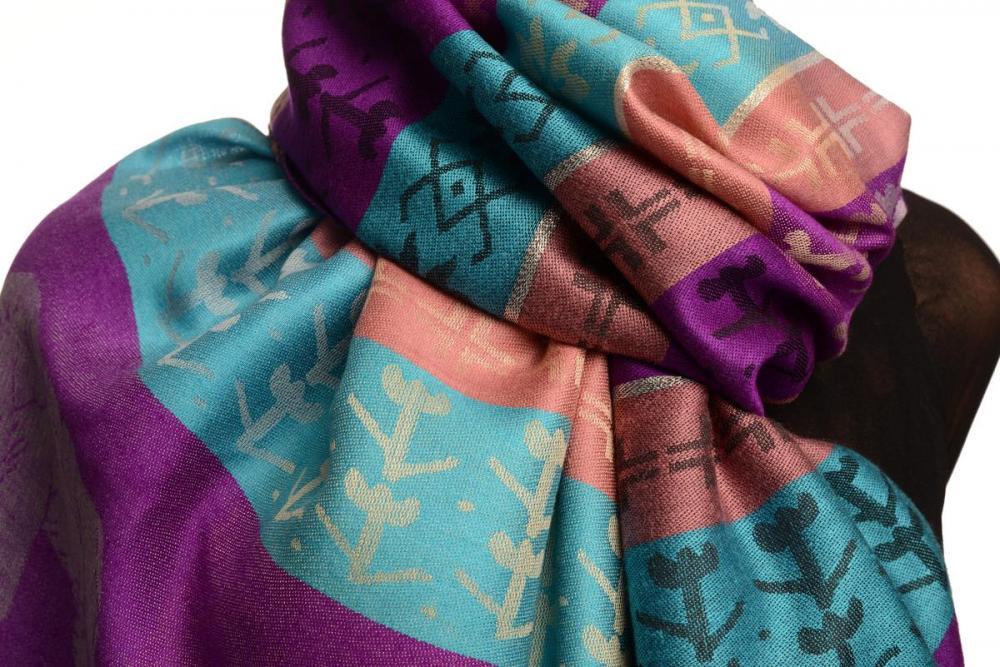 Liss Kiss Silver Lurex & Elephants On Bright Purple Pashmina With Tassels - Scarf