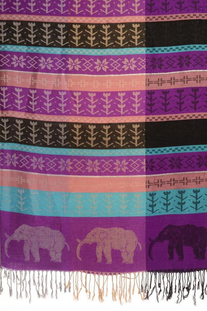 Liss Kiss Silver Lurex & Elephants On Bright Purple Pashmina With Tassels - Scarf