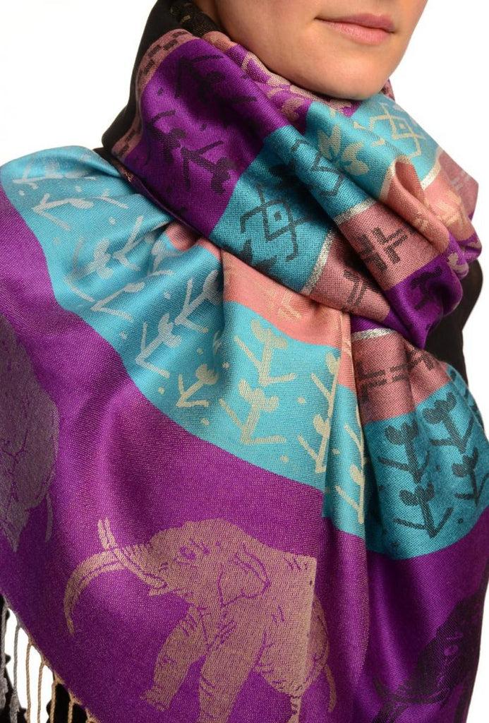 Liss Kiss Silver Lurex & Elephants On Bright Purple Pashmina With Tassels - Scarf