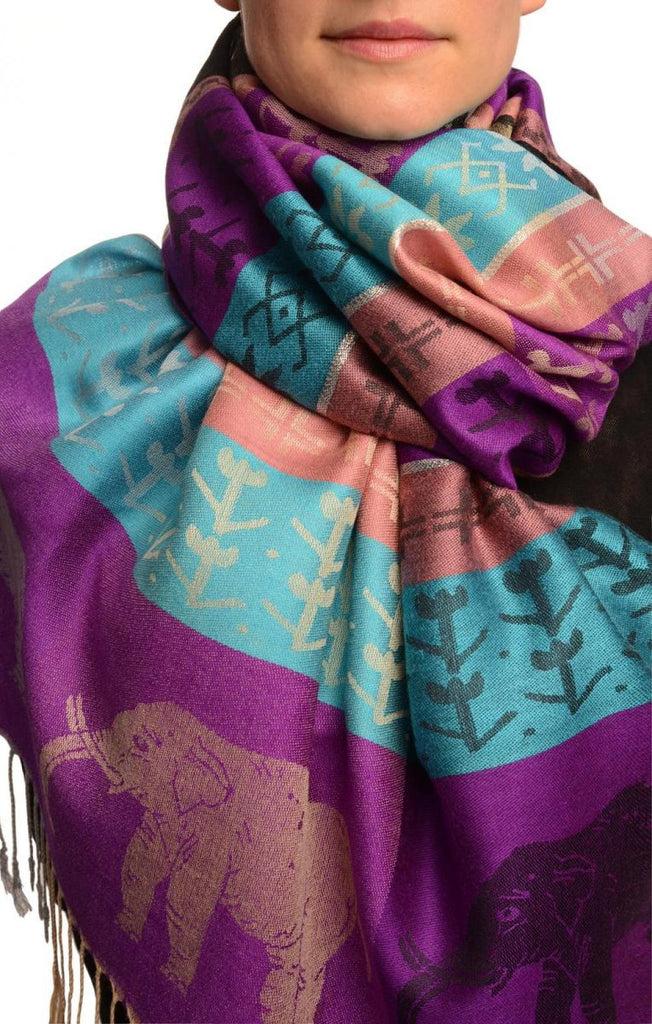liss kiss Silver Lurex & Elephants On Bright Purple Pashmina With Tassels - Scarf