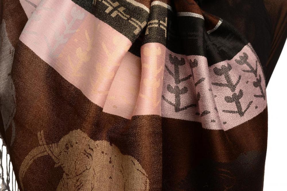 Liss Kiss Silver Lurex & Elephants On Brown Pashmina With Tassels - Scarf