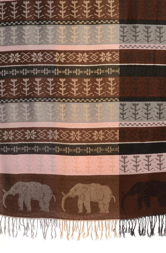 Liss Kiss Silver Lurex & Elephants On Brown Pashmina With Tassels - Scarf