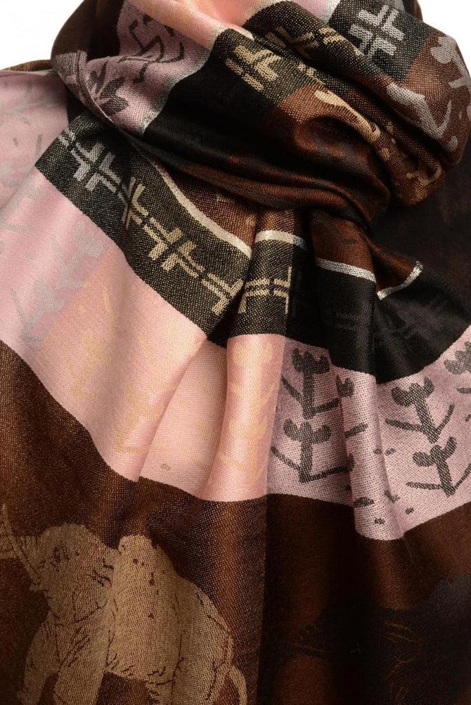 Liss Kiss Silver Lurex & Elephants On Brown Pashmina With Tassels - Scarf