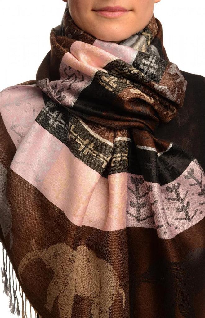liss kiss Silver Lurex & Elephants On Brown Pashmina With Tassels - Scarf
