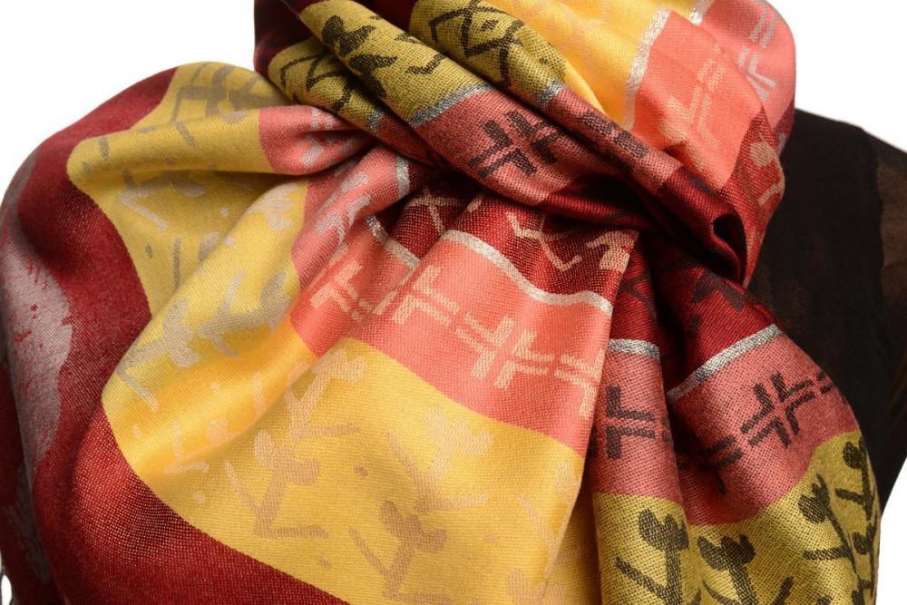 Liss Kiss Silver Lurex & Elephants On Burgundy Red Pashmina With Tassels - Scarf