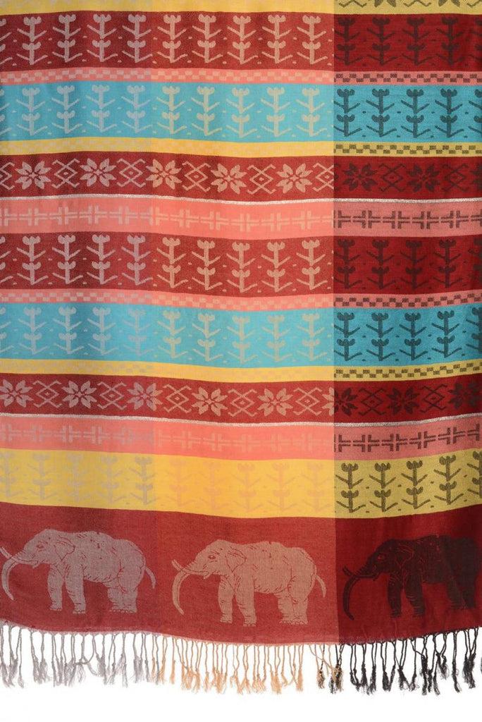 Liss Kiss Silver Lurex & Elephants On Burgundy Red Pashmina With Tassels - Scarf