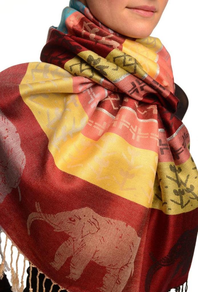 Liss Kiss Silver Lurex & Elephants On Burgundy Red Pashmina With Tassels - Scarf