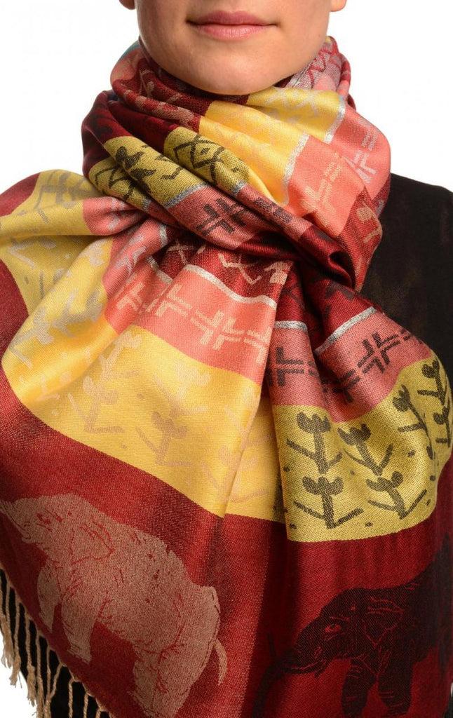 liss kiss Silver Lurex & Elephants On Burgundy Red Pashmina With Tassels - Scarf