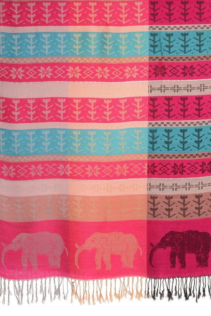 Liss Kiss Silver Lurex & Elephants On Magenta Pink Pashmina With Tassels - Scarf